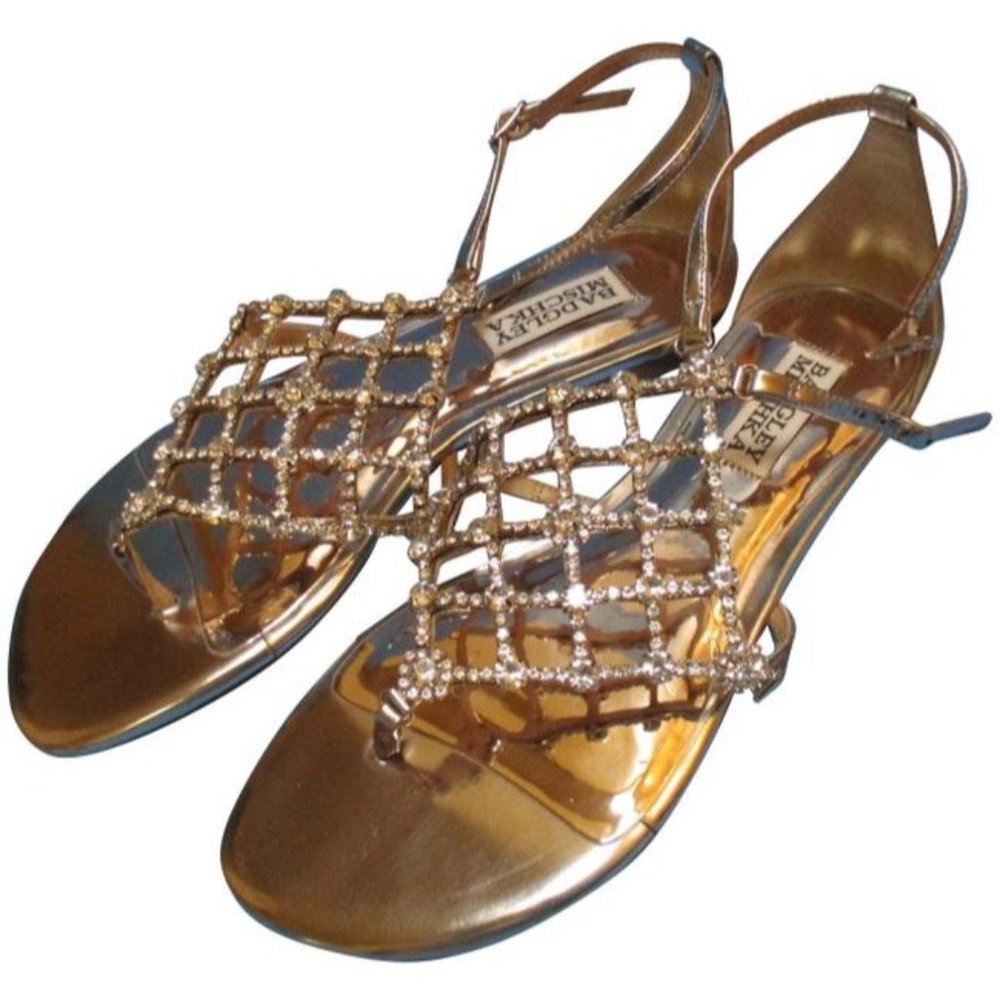 **Badgley Mischka Champagne Rhinestone Jeweled Web Flat Formal Shoes